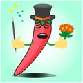 Cute mexican chili magician cartoon face character with magic stick and flowers design