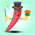 Cute mexican chili magician cartoon face character with magic stick and flowers design