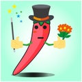 Cute mexican chili magician cartoon face character with magic stick and flowers design