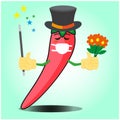 Cute mexican chili magician cartoon face character with magic stick and flowers design