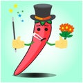 Cute mexican chili magician cartoon face character with magic stick and flowers design