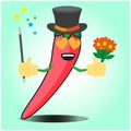 Cute mexican chili magician cartoon face character with magic stick and flowers design