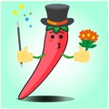 Cute mexican chili magician cartoon face character with magic stick and flowers design