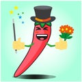 Cute mexican chili magician cartoon face character with magic stick and flowers design