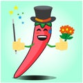 Cute mexican chili magician cartoon face character with magic stick and flowers design