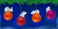 Cute mice on Christmas balls on a dark blue winter background with Christmas tree branches.