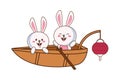 Cute mid autumn rabbits couple in boat