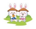 Cute mid autumn rabbits couple with chinese hats eating cookie and drinking tea