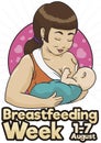 Cute Middle Aged Mom with Her Baby Celebrating Breastfeeding Week, Vector Illustration