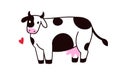 Cute milk cow, calf. Friendly dairy farm animal with spots, udder. Funny cattle, rural livestock, adorable domestic