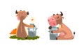 Cute Milk Cow with Udder Embracing Can with Milk Vector Set