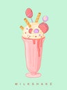 Cute milkshake poster. Vector sweet cold drink on mint background.