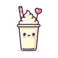 Cute milkshake with whipped cream in a cup with a straw and a red heart, kawaii vector illustration, generative ai