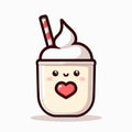 Cute milkshake with whipped cream and a heart, cartoon character, kawaii vector illustration, generative ai