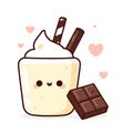 Cute milkshake with whipped cream, hearts and a chocolate bar, kawaii vector illustration, generative ai