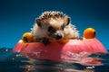 Cute Mini Hedgehog Floating in Fresh Water with Apple Fruit Used as a Float