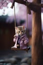 Kitten Dressed In Hanfu On Top Of A Swing In The Alley