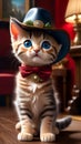 Cute miniature kitten wearing cowboy hat