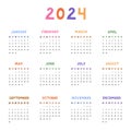 Cute minimal calendar template for 2024 year with weeks starts on Monday. Calendar grid with funky font for kids nursery