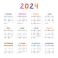 Cute minimal calendar template for 2024 year with weeks starts on Monday. Calendar grid with funky font for kids nursery