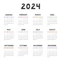 Cute minimal calendar template for 2024 year with weeks starts on Monday. Calendar grid with funky font for kids nursery