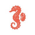 Cute minimalist seahorse with curved tail fin natural ocean habitat red hand drawn grunge texture