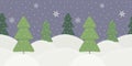 Cute minimalist winter border on blue background with snowflakes and Christmas trees or green spruces. Texture for decoration