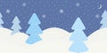 Cute minimalist winter border on blue background with snowflakes and Christmas trees or spruces. Texture for decoration greeting