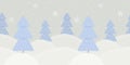 Cute minimalist winter border on pale grey background with snowflakes and Christmas trees or blue spruces. Texture for decoration Royalty Free Stock Photo