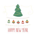 Cute and minimalistic Christmass card with Tree toys and fairy lights Royalty Free Stock Photo