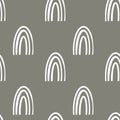 Cute minimalistic scandinavian square rainbow seamless pattern. Digital art doodle outline on gray background. The print for a nur