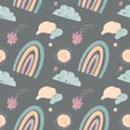 Cute minimalistic scandinavian square seamless pattern with rainbow and sky. Watercolor digital art on a gray background. The prin