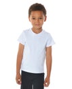 Handsome african american boy in white t-shirt on white background