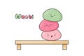 Cute mochi funny characters with kawaii faces on wood