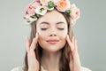 Cute Model Woman Face. Natural Makeup and Flowers, Skincare and Facial Treatment Concept