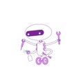 Cute modern helper robot with magnifying glass violet linear object