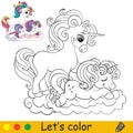 Cute mom and baby unicorns coloring vector