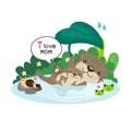 Cute mom and bay  Otter floats on river.  Mother`s Day card Royalty Free Stock Photo