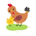 Cute mom hen hugging her chicken cartoon vector illustration Royalty Free Stock Photo