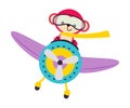 Cute Monkey Animal with Goggles Flying on Airplane with Propeller Vector Illustration