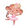 Cute Monkey in Ballerina Dress and Floral Head Decoration Dancing Vector Illustration Royalty Free Stock Photo