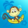 Cute Monkey With Banana On Abstract Background With Palm - Vector