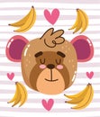 Cute monkey with bananas and hearts cartoon animal adorable wild character