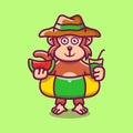 cute monkey in beach hat with Swim rings carrying watermelon and drink