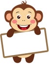 Cute monkey with a blank signboard