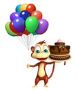 Cute Monkey cartoon character with baloon and cake