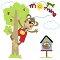 Cute monkey cartoon climbing a fruit tree to pick a fruit for its friend, little mouse