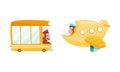 Cute monkey character in transport set. Funny jungle animal driving bus and flying in airplane cartoon vector