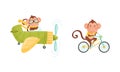 Cute monkey character in transport set. Funny jungle animal riding bicycle and flying in airplane cartoon vector