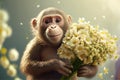 Cute monkey child holding a bouquet of flowers. Generative AI Royalty Free Stock Photo